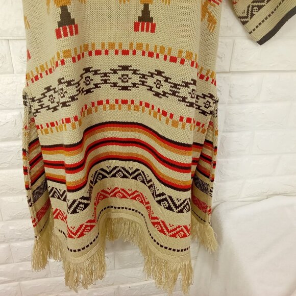 Vintage 70s-80s Aztec Southwestern Sweater Tunic Collar SSL Slits Fringe -10/12 - Picture 4 of 11